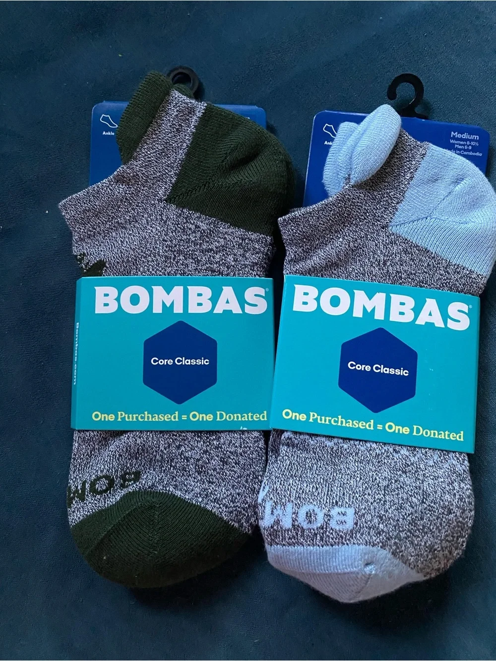 Bombas Core Classic Ankle Socks - Olive & Light Blue (2-pair) NWT Medium
